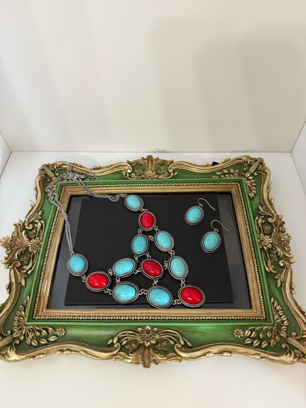 Turquoise & Red Statement Necklace and Earrings Set